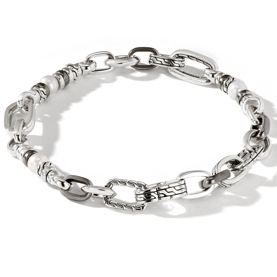 John Hardy Mens Freshwater Pearl Oval Link Silver and Rhodium Bracelet