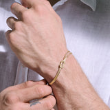 Model Wearing John Hardy Mens Manah Knot 14k Gold Thin Width Bracelet