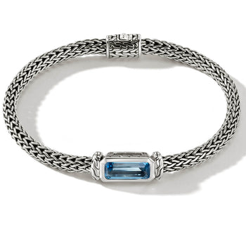 John Hardy Mens Aquamarine Station Classic Link 5mm Silver Bracelet