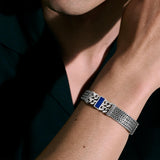 Model Wearing John Hardy Mens Lapis Lazuli Inlay Rata Link Bracelet in Sterling Silver
