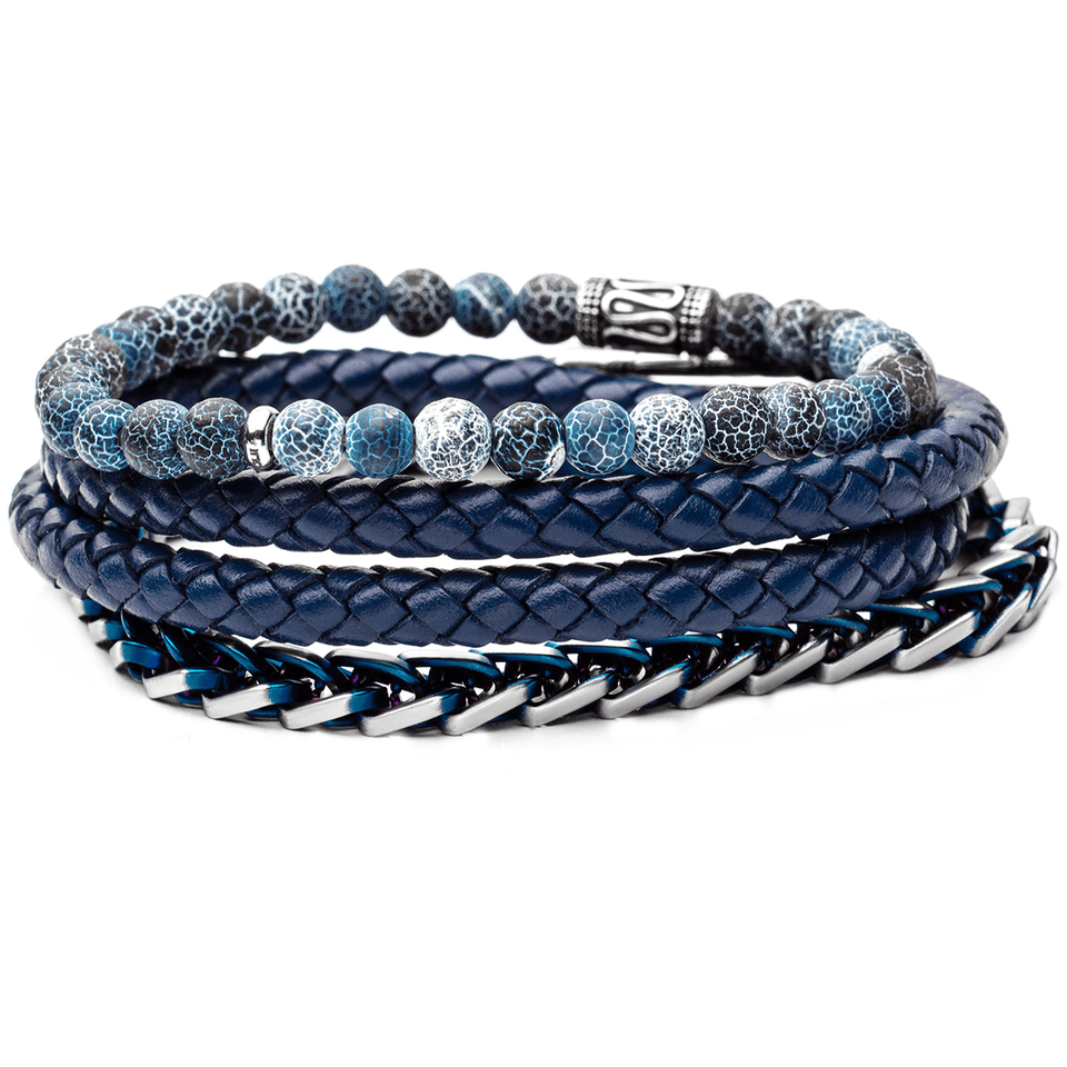 Blue Leather and Bead Mens Bracelet Stack
