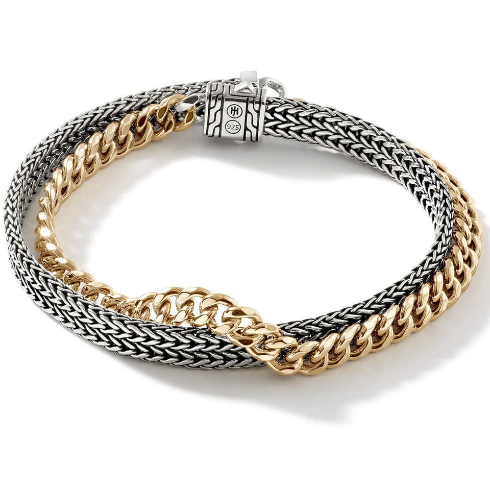John Hardy Mens 14k Gold Curb and Silver Rata Link Double Strand Bracelet