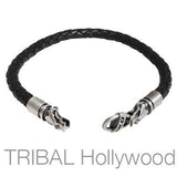 BLACK BRAIDED THICK LEATHER BRACELET with Draco Wolf Head Metalwork by Bico Australia 