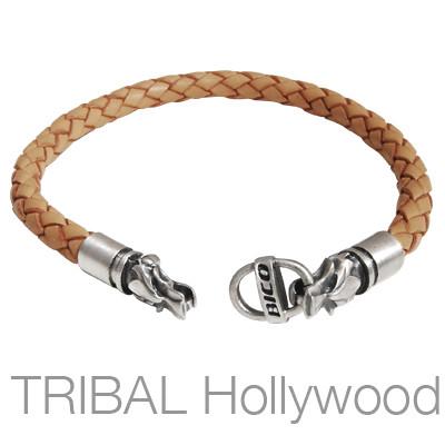 BROWN BRAIDED THICK LEATHER BRACELET with Draco Wolf Head Metalwork by Bico Australia 