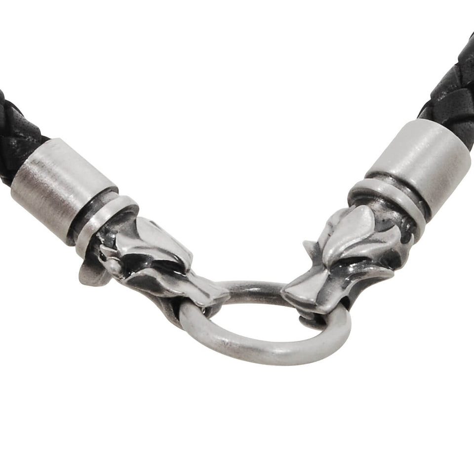 BLACK BRAIDED THICK LEATHER NECKLACE with Draco Wolf Head