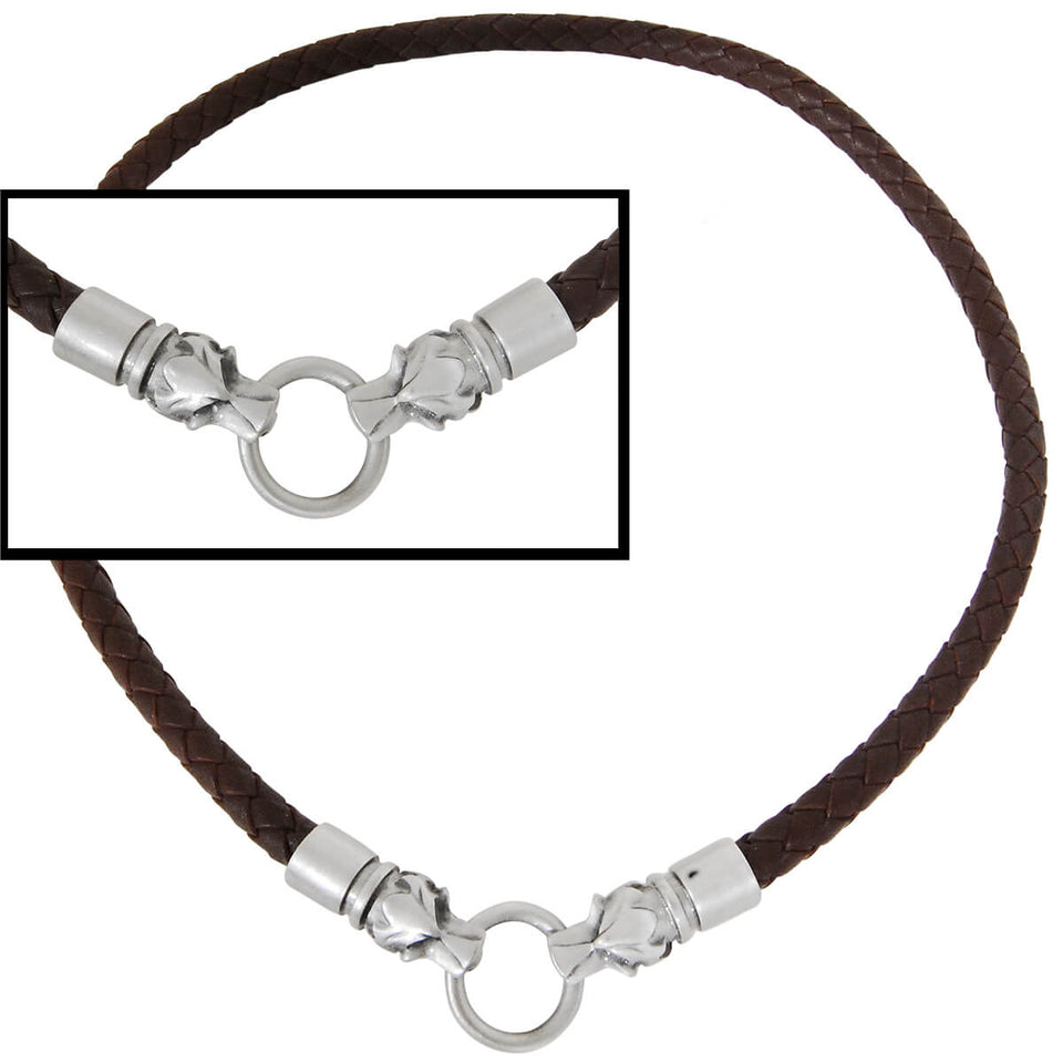 DRACO WOLF HEADS Dark Brown Braided Mens Leather Necklace by Bico Australia