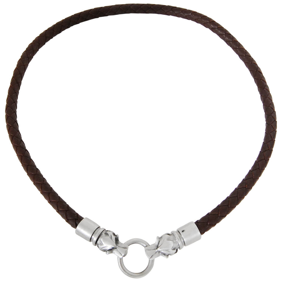 DARK BROWN BRAIDED THICK LEATHER NECKLACE w Draco Wolf Head Metalwork