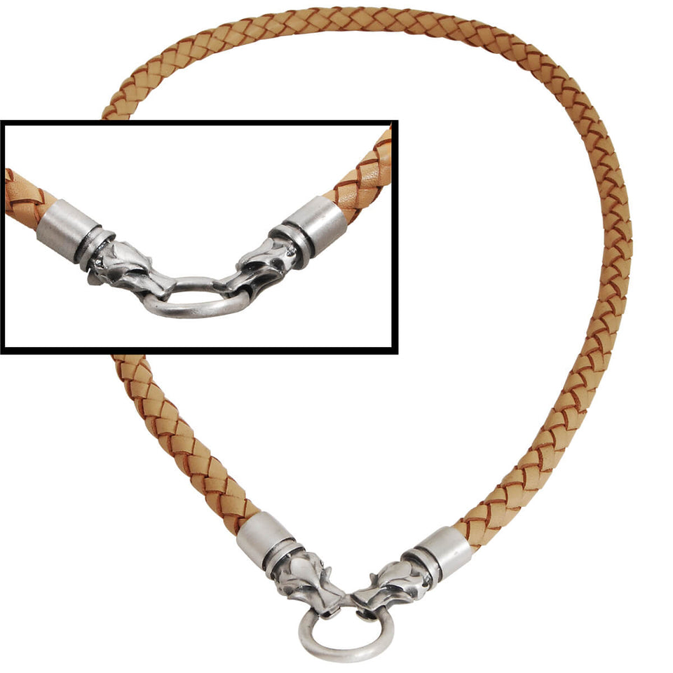 DRACO WOLF HEADS Light Brown Braided Mens Leather Necklace by Bico Australia