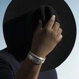 Model 2 Wearing John Hardy Mens Volcanic Textured Cuff Bracelet in Sterling Silver