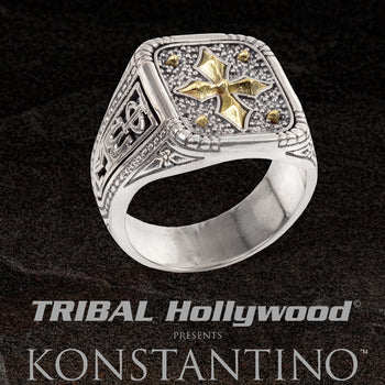 Konstantino GOLD CROSS SHIELD Mens Ring in Silver and 18k Gold