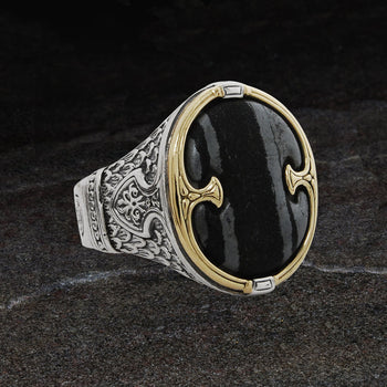 Konstantino FERRITE SHIELD RING Silver and 18k Gold Mens Ring