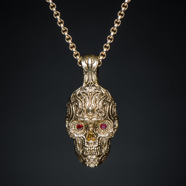 William Henry 18k Gold Sugar Skull Mens Chain Necklace