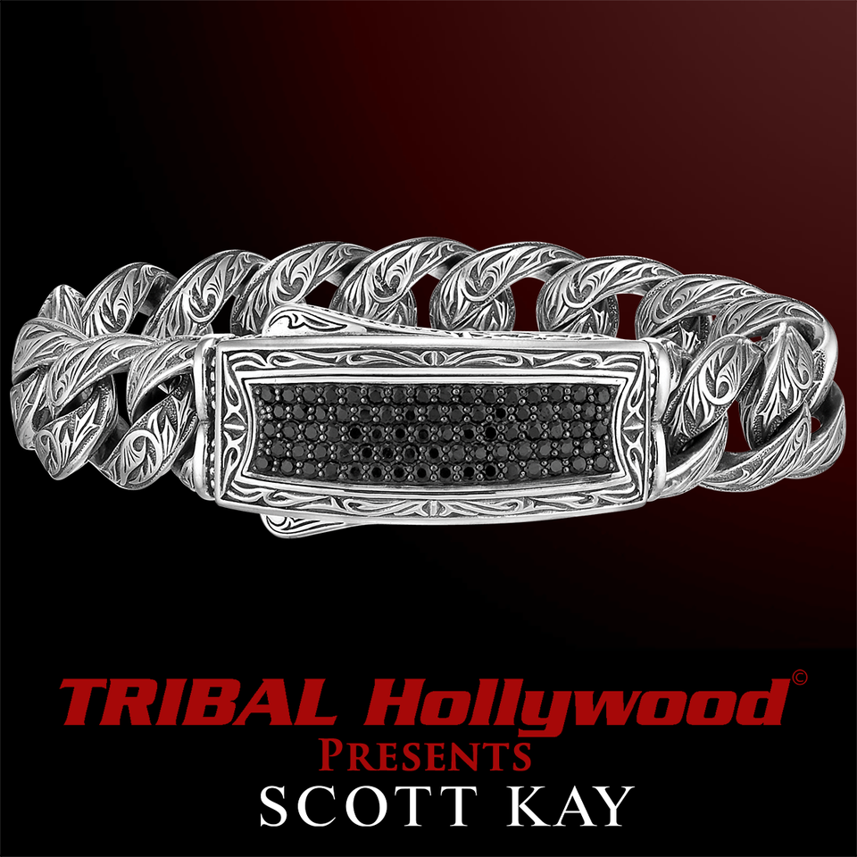 Scott Kay BLACK SAPPHIRE ID Tag Mens Bracelet in Sterling Silver