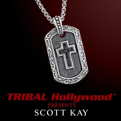 Scott Kay BLACK SAPPHIRE CROSS DOG TAG Sterling Silver Mens Necklace