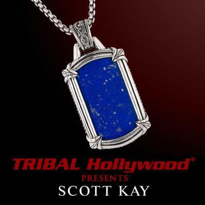 BLUE LAPIS STONE Large Dog Tag Mens Necklace by Designer Scott Kay in Sterling silver