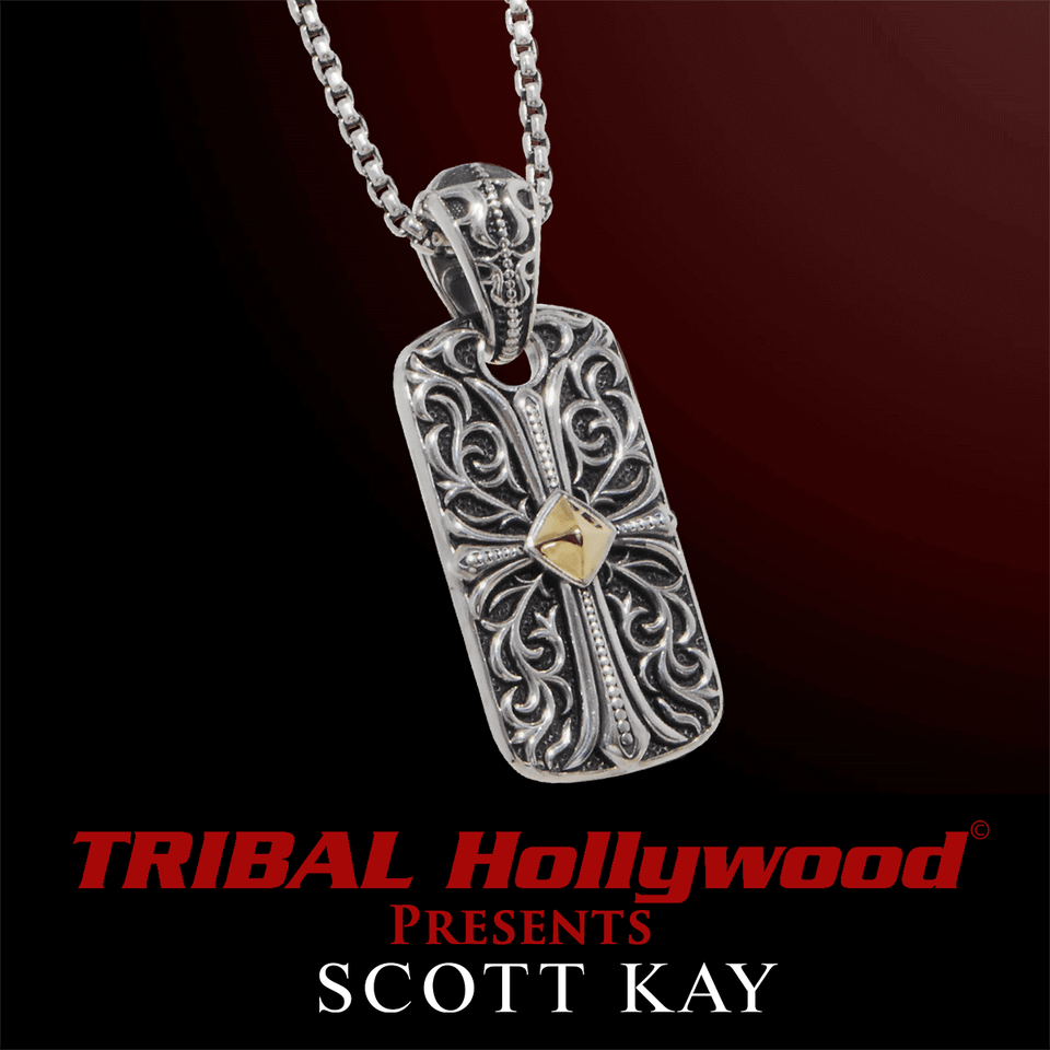 UnKaged ENGRAVED CROSS DOG TAG Necklace with 18K Gold Center - Scott Kay Mens Sterling Silver Jewelry