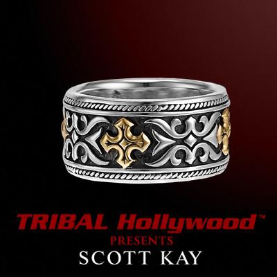 Scott Kay TWO-TONE GOTHIC CROSS Sterling Silver and 18K Gold Mens Ring