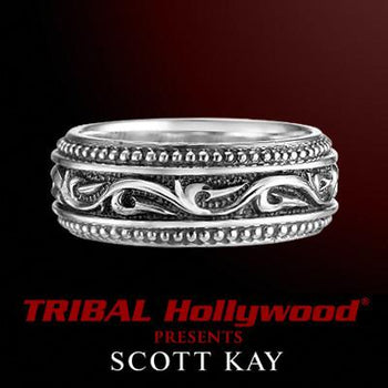 RAISED KNOTTED VINES Thin Width Engraved Silver Mens Ring by Scott Kay