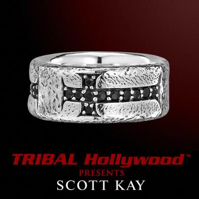 Scott Kay BYZANTINE CROSS Sterling Silver Mens Ring w Black Sapphires