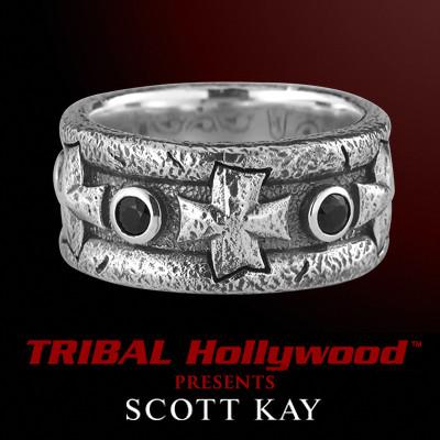 Scott Kay HAMMERED IRON CROSS BLACK SAPPHIRE Silver Mens Ring