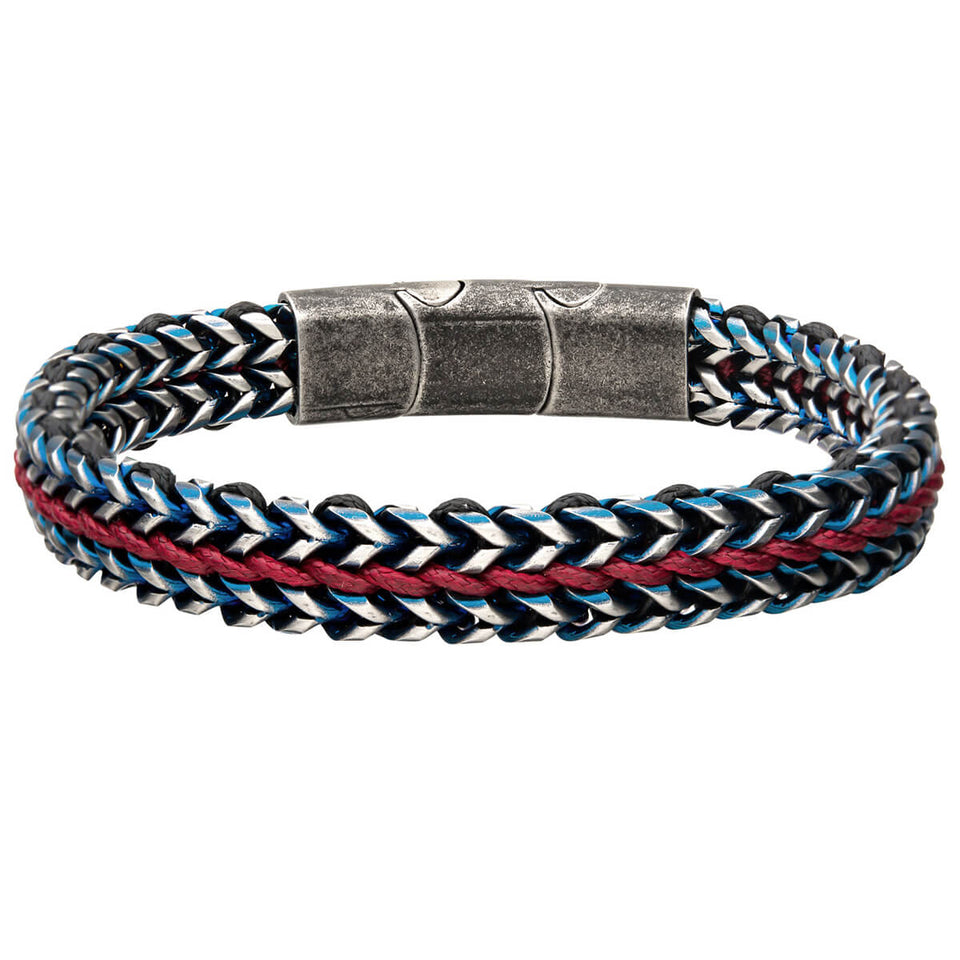 PATRIOT Red Leather and Steel Mens Bracelet with Blue Steel Accents