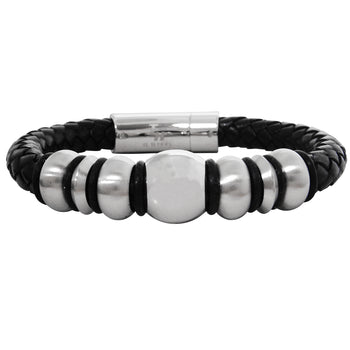 BACCI BALL Black Braided Leather Bracelet with Stainless Steel Beads