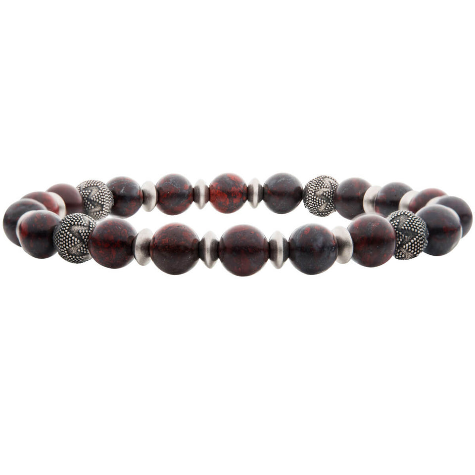 CHERRY Bead Bracelet for Men in Red Leopard Skin Jasper and Steel
