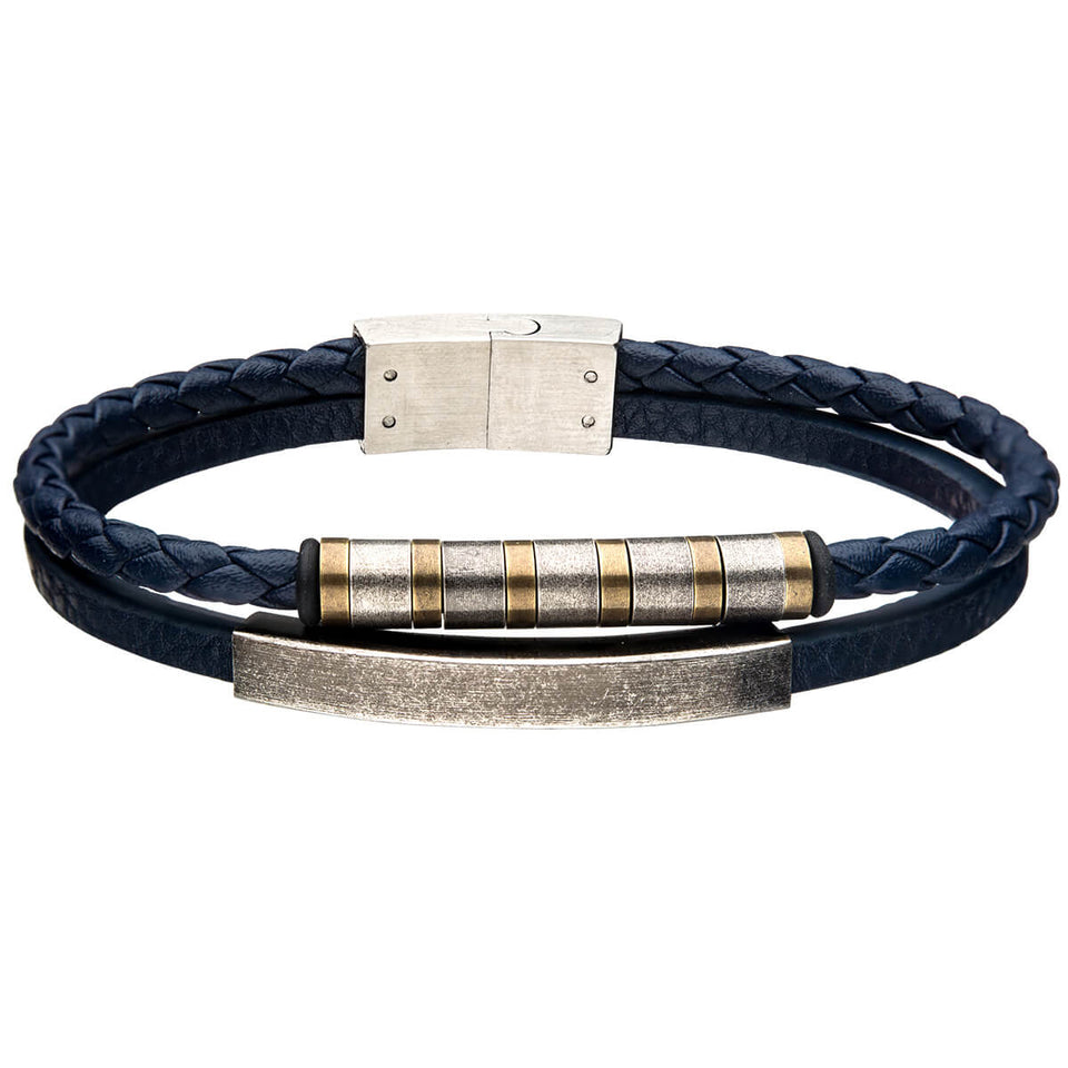 RIVERBED Antique Steel and Blue Leather Multi-strand Bracelet for Men