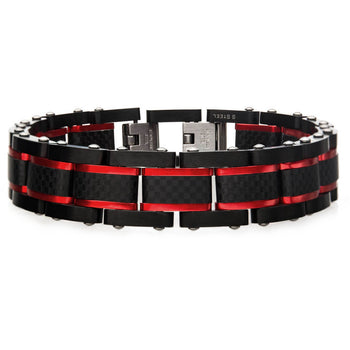 RED STRIPE Carbon Fiber Black Stainless Steel Modern Mens Bracelet