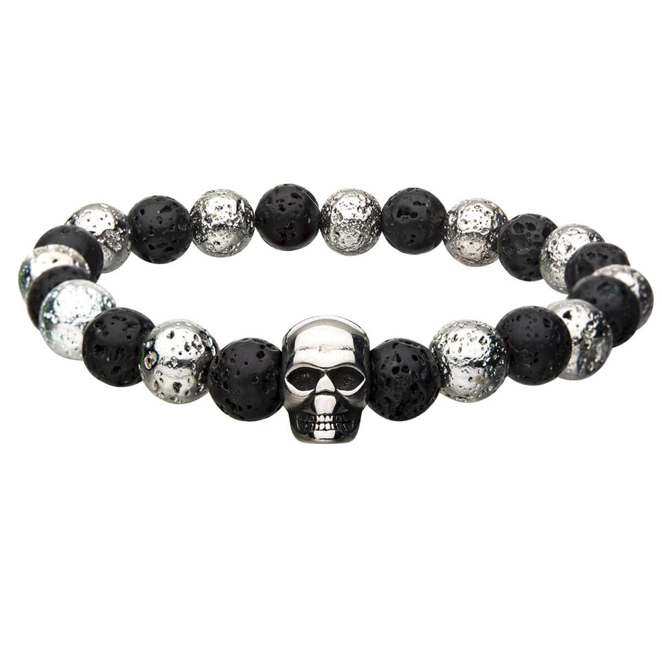 THE CRYPT Steel and Black Volcanic Lava Bead Mens Bracelet with Skull