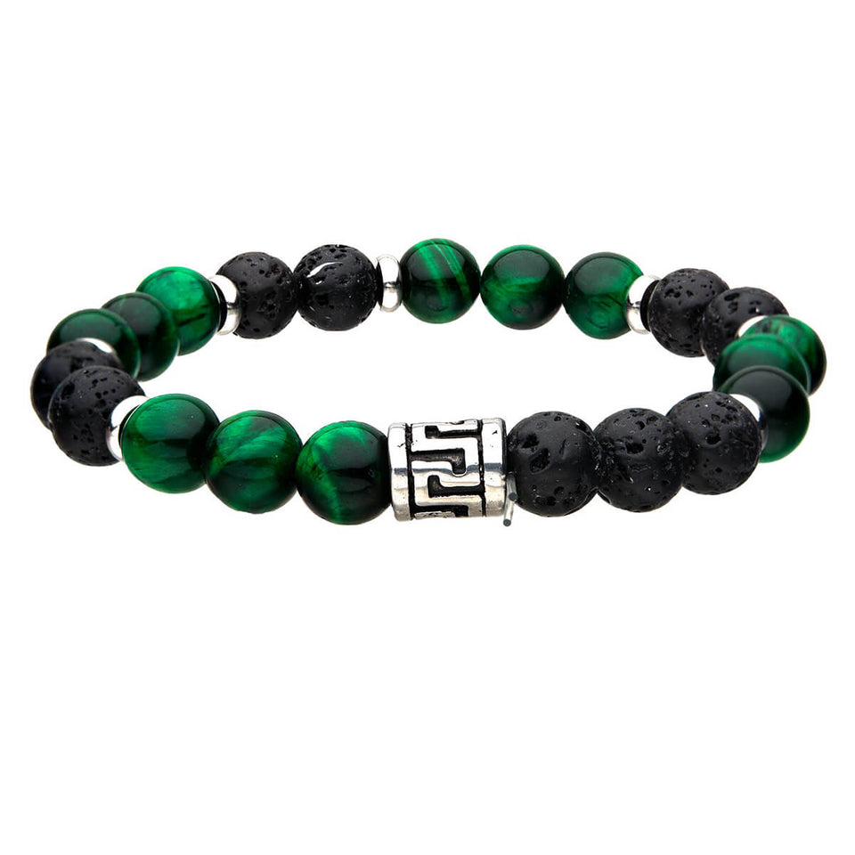 THE FOREST Green Tiger Eye and Black Lava Bead Bracelet for Men