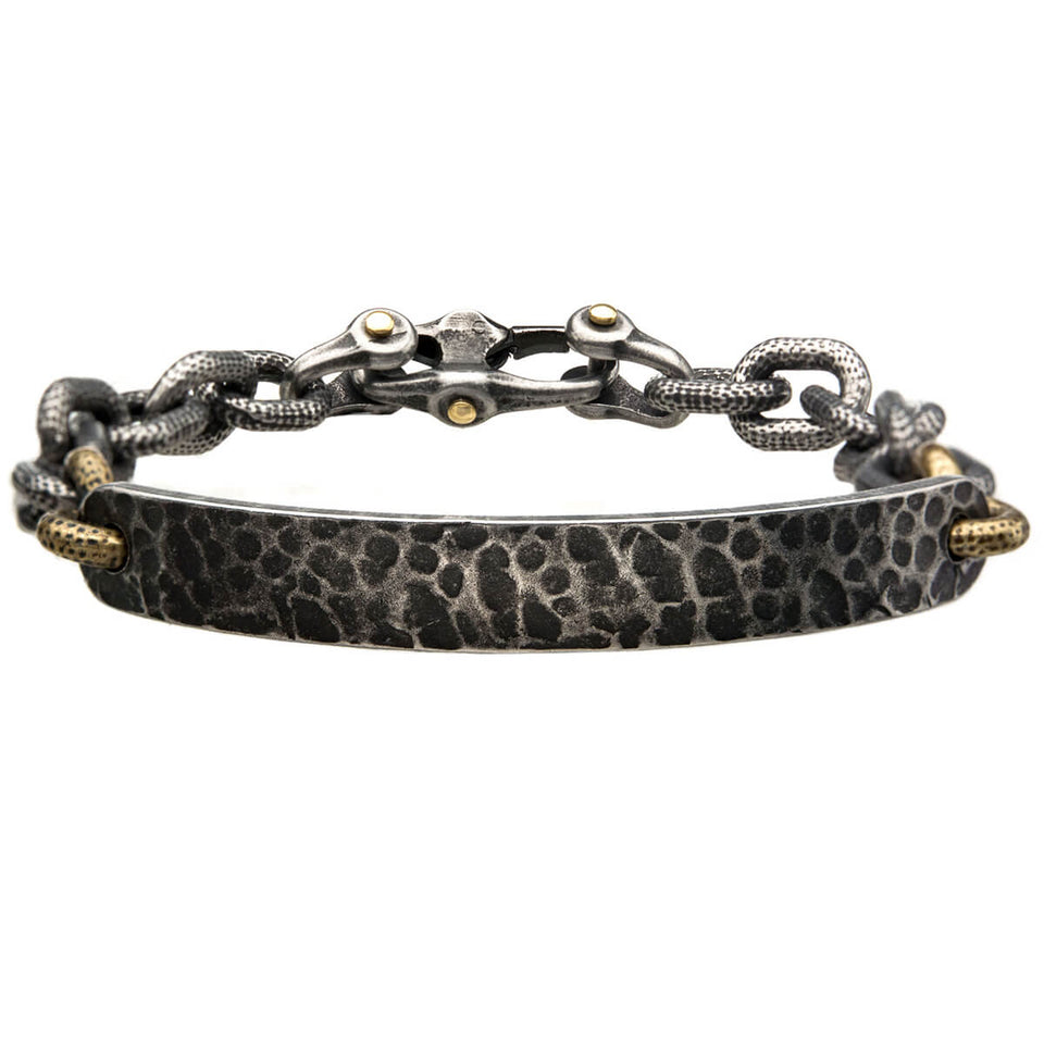 NEOLITH Antique Steel Hammered ID Tag Mens Bracelet with Mariner Links
