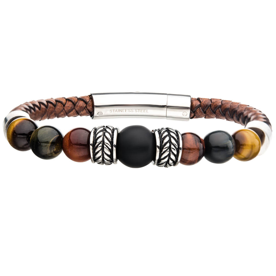 COLLECTIVE Bead and Brown Leather Mens Bracelet with Stainless Steel