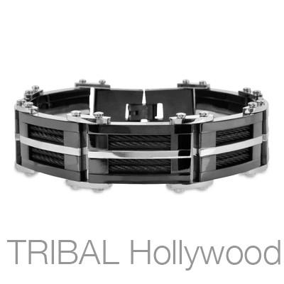 DARK DESTROYER Black Metal Stainless Steel Bracelet with Inlaid Coiled Black Cables