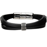 THE MERGE Stainless Steel and Multi-Strand Black Leather Mens Bracelet