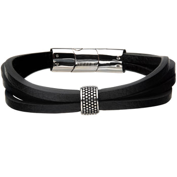 THE MERGE Stainless Steel and Multi-Strand Black Leather Mens Bracelet