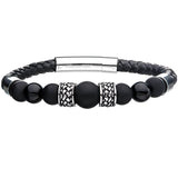 THE DIVIDE Black Onyx and Leather Mens Bracelet with Stainless Steel