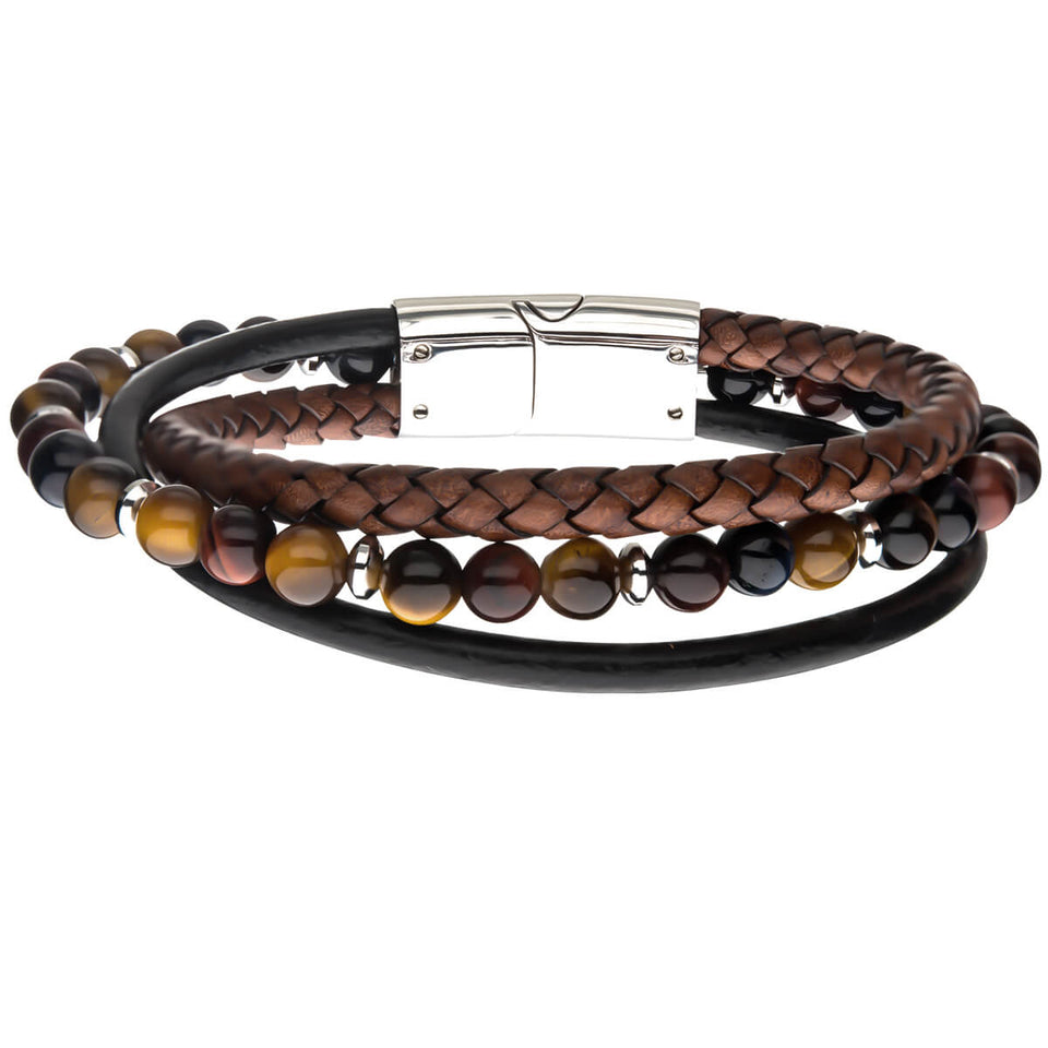 DESERT SAND Tigers Eye Bead Bracelet with Brown and Black Leather