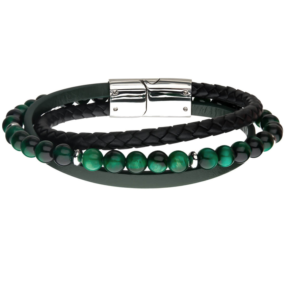 THE JUNGLE Green Tiger Eye Bead Bracelet with Green and Black Leather