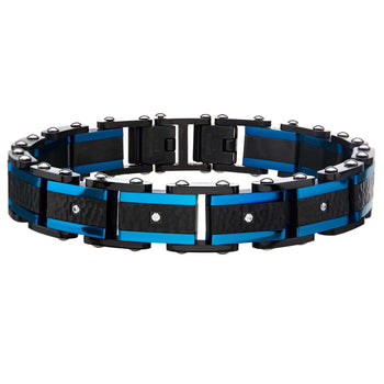 ICE STONE Blue and Black Steel Hammered Link Bracelet with CZ Stones