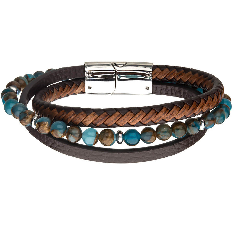 WINDSTORM Chrysocolla Beaded Mens Bracelet with Brown Leather