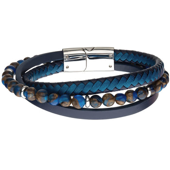 WATERFALL Blue Multi-Strand Bead and Leather Mens Bracelet