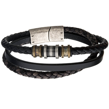 RELIC Aged Steel and Black Leather Multi-strand Mens Bracelet