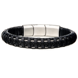 INTERWOVEN BRACELET Steel Infused Black Braided Leather Mens Bracelet