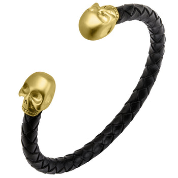 MORTUARY GOLD SKULL CUFF Bracelet for Men with Braided Black Leather