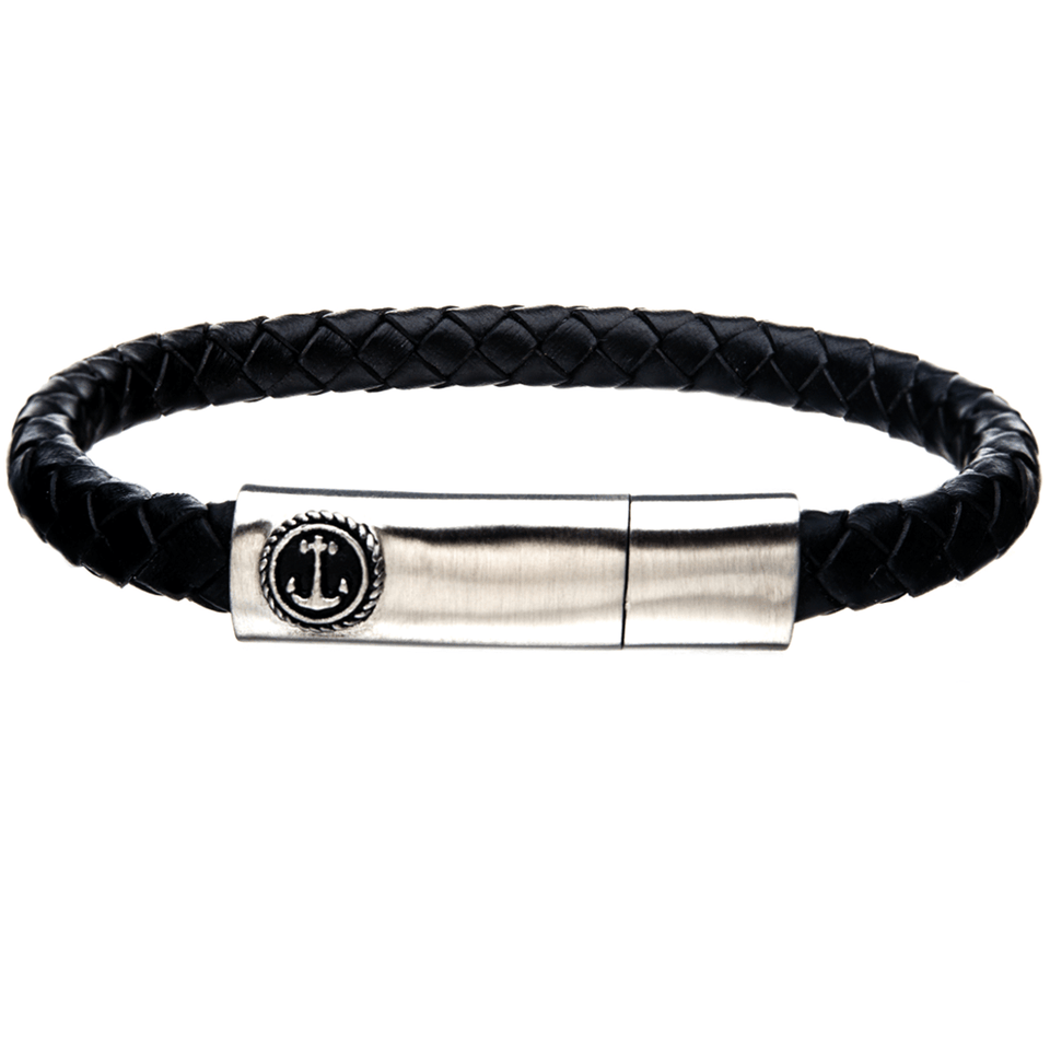 AHOY BLACK Mens Anchor Bracelet with Steel and Black Leather