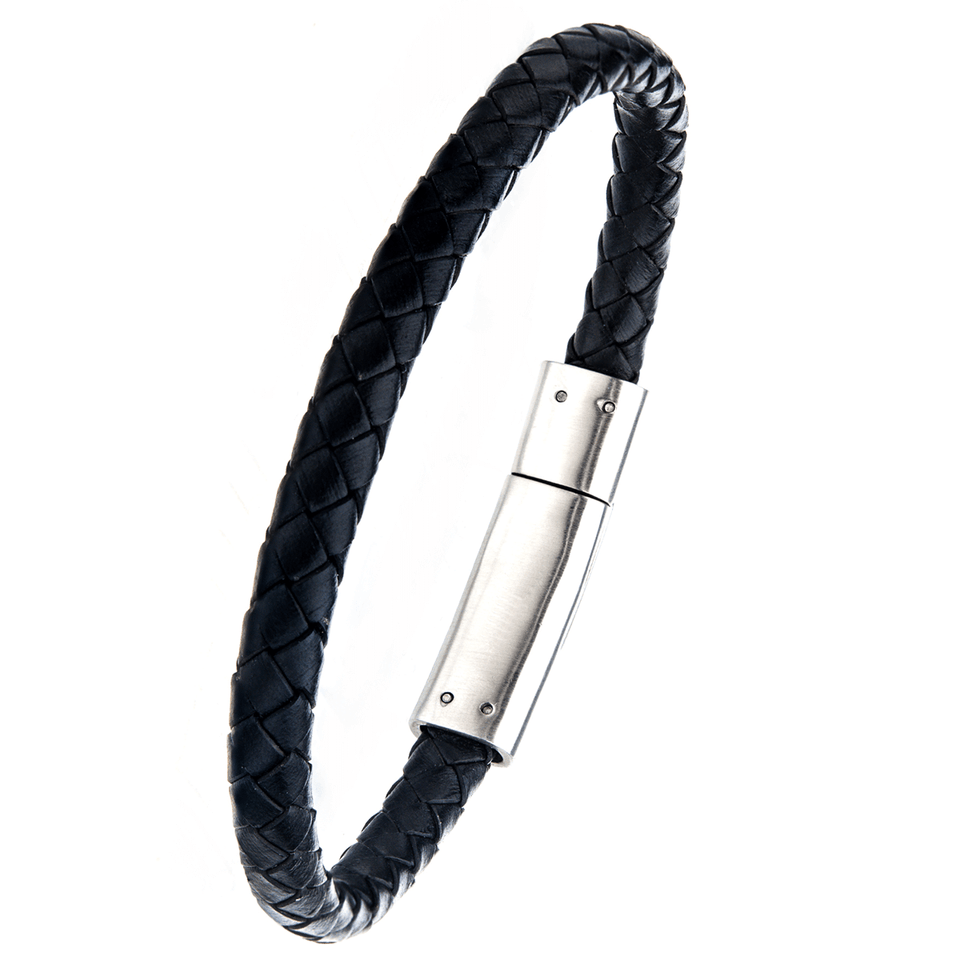 AHOY BLACK Leather Anchor Bracelet for Men with Stainless Steel