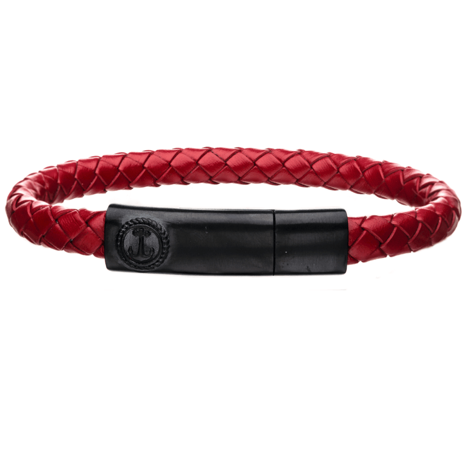 AHOY RED Mens Anchor Bracelet with Black Steel and Red Leather