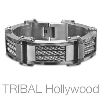 BLITZKRIEG Heavy Duty Stainless Steel Inlaid Cable Mens Bracelet