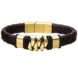 KILOWATT GOLD STEEL Modern Style Mens Bracelet in Brown Leather
